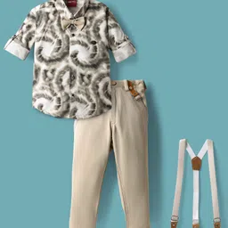 Radutu Full Sleeves Tie Dye Shirt Pant With Bow & Suspender Set - White & Beige-picture-28
