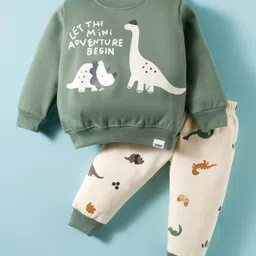 Teddy Fleece Knit Full Sleeves Winter Wear T-Shirt & Joggers Set with Dino Print - Mint & Beige-picture-13