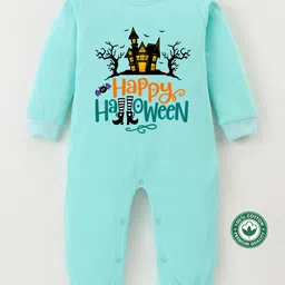BLUSHES 100% Cotton Knit Halloween Theme Full Sleeves Happy Halloween Text Printed Romper - Sea Green-picture-27