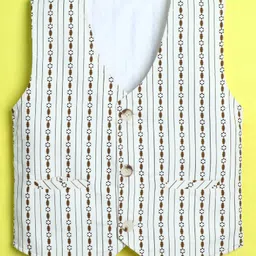 Ministitch Velvet Woven Sleeveless Striped & Abstract Printed Waistcoat - Cream image 4