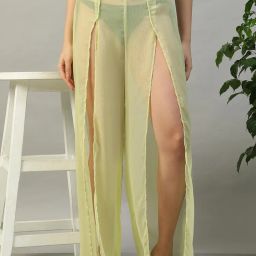 Oxolloxo Women Solid Yellow Chiffon Beach Pants with Elastic Waist and Front Slit-picture-0