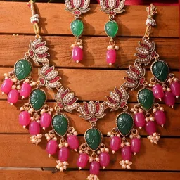 Fida Gold-Plated Kundan-Studded & Pearls Beaded Necklace And Earrings-image-3