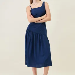aayu Solid One Shoulder Crepe Drop-Waist Midi Dress-image-0