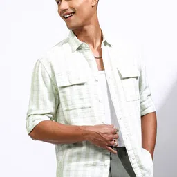 LOCOMOTIVE Premium Men Cotton Linen Textured Checked Utility Pocket Relaxed Shirt-image-96