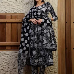 Berrylicious Women Floral Printed Pure Cotton A-Line Kurta with Trouser & Dupatta image 3