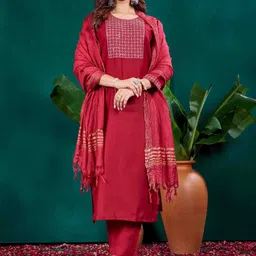 ARADHNA Women Ethnic Motifs Yoke Design Regular Sequinned Kurti with Trousers & With Dupatta image 1