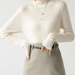 Outzidr Women Ribbed High Neck Long Sleeves Fitted Pullover Sweater image 2