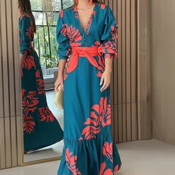 Mast & Harbour Tropical Printed Tie Up Puff Sleeve Fit & Flare Maxi Dress-picture-18