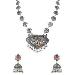 I Jewels Silver Plated Artificial Stones Studded & Ghungroo Beaded Oxidised Jewellery Set-picture-15