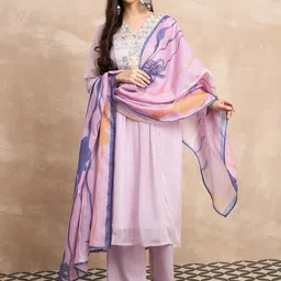 Anouk Floral Embroidered Panelled Thread Work Kurta With Palazzos & Dupatta image 4