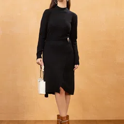 all about you all about youSolid High Neck Woollen Winter A-Line Midi Dress image 5