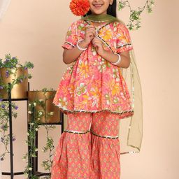 Cutiekins Girls Floral Printed Empire Gotta Patti Kurta with Sharara & Dupatta-picture-40