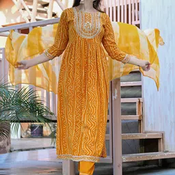 AAYUFAB Women Bandhani Printed A-Line Kurta with Trousers & Dupatta-picture-23