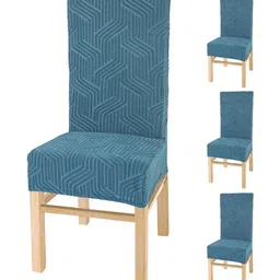 Yellow Weaves Teal Blue 4 Pieces Textured Jacquard Elasticated Stretchable Chair Covers-image-98