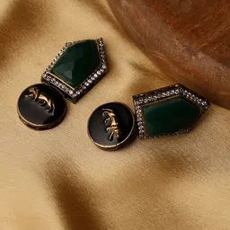PATOLA BY VJ Gold-Plated Artificial Stones Studded Contemporary Shaped Drop Earrings-picture-33