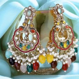 Anouk Gold Plated Artificial Stones Studded & Beaded Contemporary Drop Earrings-picture-0