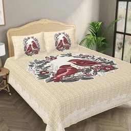 Bombay Spreads Beige & Maroon Floral Pure Cotton 144 TC King Bedsheet with 2 Pillow Covers image 1
