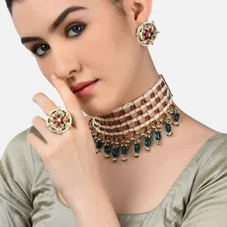 Zaveri Pearls Set Of 2 Gold-Plated Stone Studded & Beaded Jewellery Set image 4