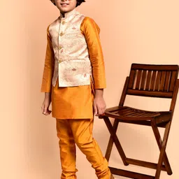 PRINTCULTR Boys Band Collar Three-Quarter Sleeves Regular Kurta & Churidar & Nehru Jacket image 4