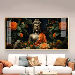 THE NEXT DECOR Green Luminous Buddha With Flower Glass Finish Horizontal Wall Art-image-86