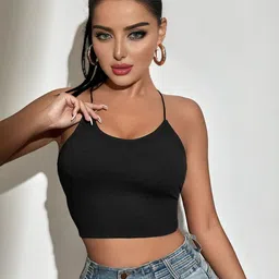 WANQUILA Women Black Backless Solid Sleeveless Crop Top-image-61