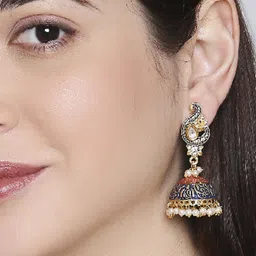 DressBerry Gold Plated Artificial Stones And Beads Studded Dome Shaped Jhumkas image 5