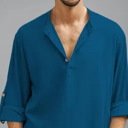 KNOWTED Mandarin Collar Roll-Up Sleeves Cotton Straight Short Kurta image 2