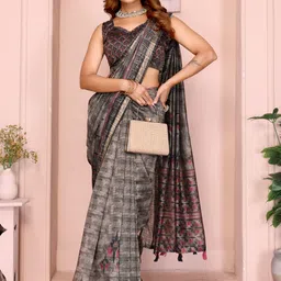 Mitera Grey Floral Zari Chanderi Saree image 5