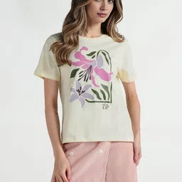 ELLE Women Floral Printed Round Neck Pure Cotton T-shirt-picture-29