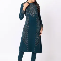 KEIKO Ethnic Motifs Woven Design Round Neck Acrylic A-Line Kurta with Trousers image 1