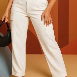 NU CLOTHS Women Solid Relaxed High-Rise Cargos Trousers-image-85