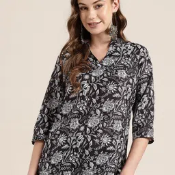 HERE&NOW Floral Printed Band Collar Straight Kurti-picture-40