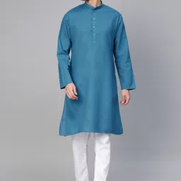 MANQ Men Blue & White Solid Kurta with Pyjamas-picture-21