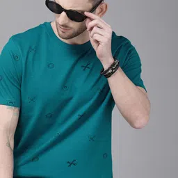 Roadster Men Teal Blue Black Printed Round Neck Pure Cotton T-shirt-picture-21