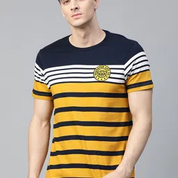 Roadster Men Mustard Yellow & Navy Blue Striped Round Neck T-shirt-image-35