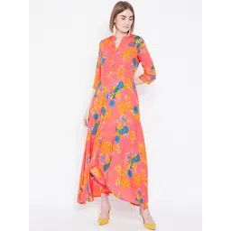 Deewa Women Coral Pink & Blue Floral Printed Maxi Dress-picture-27