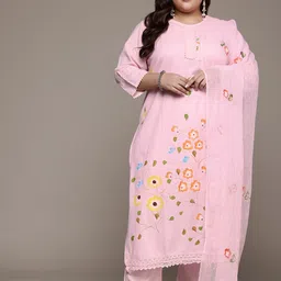 Readiprint Fashions Plus Size Floral Printed Pure Cotton Kurta with Trousers & Dupatta image 2