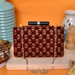 ARTKLIM Women Maroon & Gold Embroidered Box Clutch-picture-48