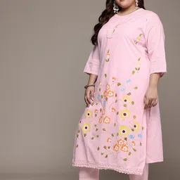 Readiprint Fashions Plus Size Floral Printed Pure Cotton Kurta with Trousers & Dupatta image 3