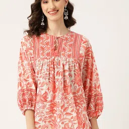 Jaipur Morni Coral Pink & White Floral Print Tie-Up Neck Top-picture-22