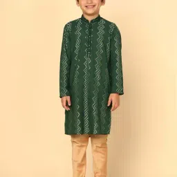 KISAH Kids Green & Golden Embroidered Full Sleeves Kurta Set-image-99