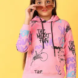 V-Mart Girls Pink Printed Hooded Long Sleeves Pullover Sweatshirt-image-17