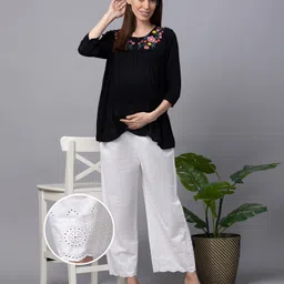 Bella Mama Cotton Woven Schiffli Solid Palazzo - White-picture-26