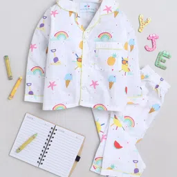 Knitting Doodles Premium Cotton Full Sleeves  Rainbow & Ice Cream Printed  Coordinating Night Suit - White-image-32