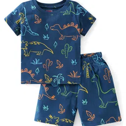 Babyhug Cotton Knit Half Sleeves Night Suit  With Dino Print - Navy Blue-picture-20