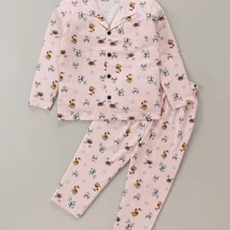 Smarty Boys 100% Cotton Knit Full Sleeves Front Open Doodles Printed Night Suit - Baby Pink-picture-10