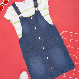 Pantaloons Junior Cotton Solid Dungaree With Half Sleeves Abstract Printed Tee - Blue-picture-27