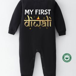 BLUSHES Diwali Theme 100% Cotton Full Sleeves My First Diwali Text Printed Romper - Black-picture-18