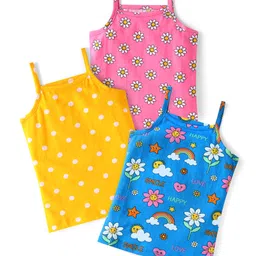 Babyhug 100% Cotton Knit Singlet Sleeves Slips with Polka Dots & Floral Print Pack of 3 - Yellow Pink & Blue-picture-14