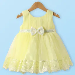 Babyhug Woven Sleeveless Party Dress With Lace & Sequin Detailing & Bow Applique - Yellow-picture-28